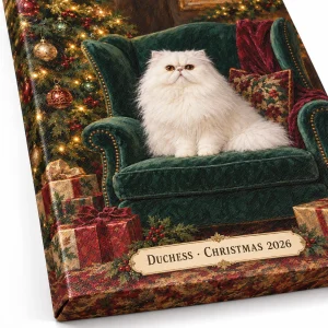 Close-up of the Christmas Wingback Chair Cat Portrait Canvas print showing the cat's fur detail and the canvas weave