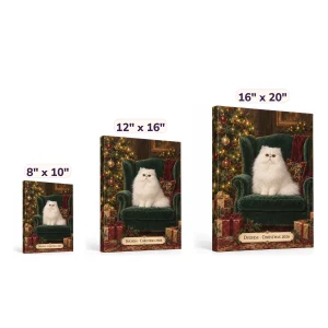 The Christmas Wingback Chair Cat Portrait Canvas in 8" x 10" and 12" x 16" and 16" x 20" sizes side by side