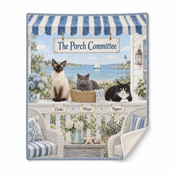 Personalized blanket with multiple cats – Coastal Cottage Multi Cat Blanket with three cats: a blue British Shorthair and the text "The Porch Committee", "Duke · Miso · Pepper", product photo on a white background