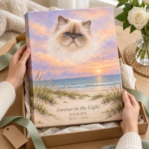 Hands unwrapping the Coastal Sunset Cat Memorial Canvas from a kraft gift box