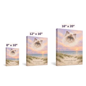 The Coastal Sunset Cat Memorial Canvas in 8" x 10" and 12" x 16" and 16" x 20" sizes side by side