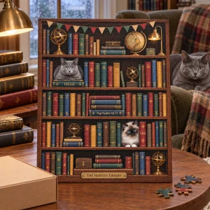 Cozy Library Bookshelf Cats Photo Puzzle styled in a lifestyle scene – the assembled puzzle on a reading-nook side table with a stack of hardcovers and a reading lamp, rainy-day window light