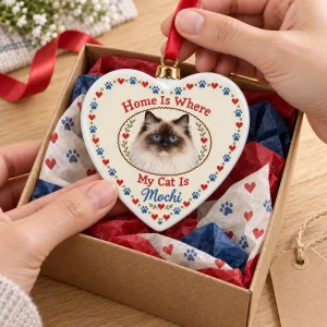 Hands unwrapping the Cross-Stitch Heart Cat Lover Ornament from a kraft gift box