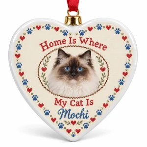 Close-up of the Cross-Stitch Heart Cat Lover Ornament print showing the cat's fur detail and heart porcelain ornament