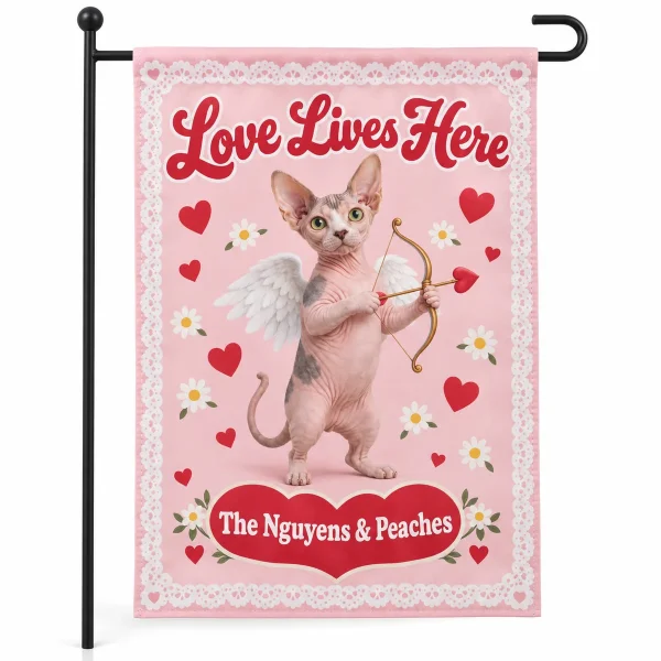 Valentine cat garden flag – Cupid Cat Valentine Garden Flag with a hairless Sphynx and the text "Love Lives Here", "The Nguyens & Peaches", product photo on a white background