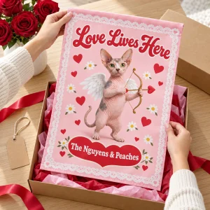 Hands unwrapping the Cupid Cat Valentine Garden Flag from a kraft gift box