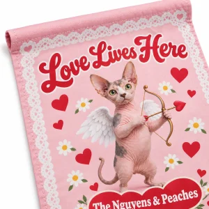 Close-up of the Cupid Cat Valentine Garden Flag print showing the cat's fur detail and garden flag