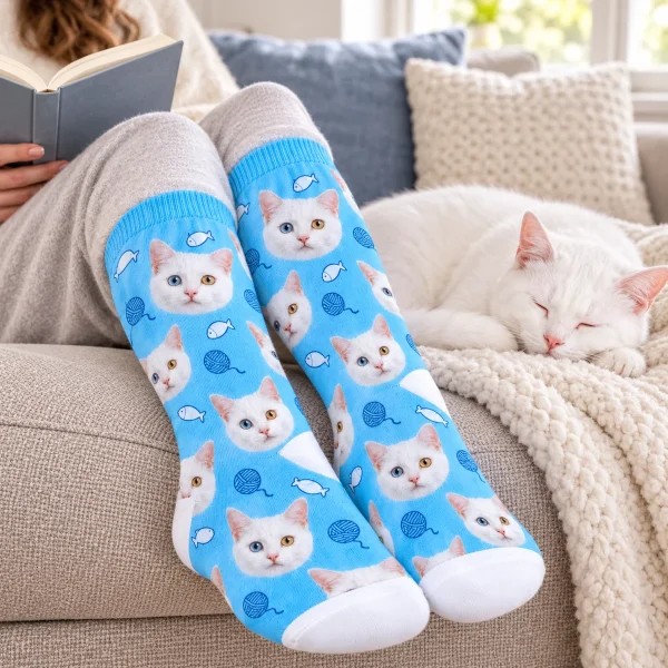 Custom cat socks shown with a real cat