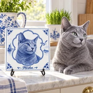 Delft Blue Cat Portrait Ceramic Tile styled in a lifestyle scene – a kitchen windowsill with a blue-and-white jug, a small pot of cat grass and a linen tea towel, bright morning light