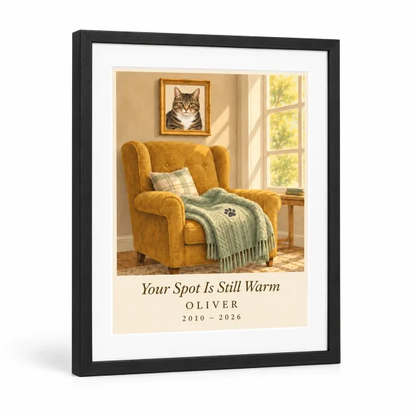 Empty Chair Cat Memorial Wall Art with a brown classic tabby and the text "Your Spot Is Still Warm", "Oliver", "2010 – 2026", product photo on a white background