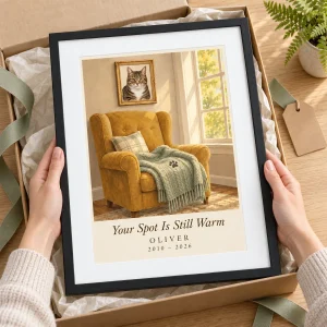 Hands unwrapping the Empty Chair Cat Memorial Wall Art from a kraft gift box