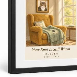 Close-up of the Empty Chair Cat Memorial Wall Art print showing the cat's fur detail and framed print