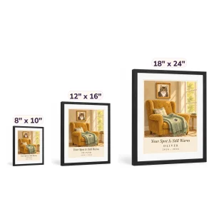 The Empty Chair Cat Memorial Wall Art in 8" x 10" and 12" x 16" and 18" x 24" sizes side by side
