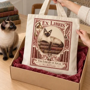 Hands unwrapping the Ex Libris Bookplate Cat Tote Bag from a kraft gift box