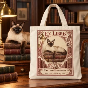 Ex Libris Bookplate Cat Tote Bag styled in a lifestyle scene – the tote rests on a library-style wooden desk next to a stack of hardcover books and a brass lamp, moody warm light