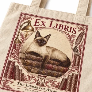 Close-up of the Ex Libris Bookplate Cat Tote Bag print showing the cat's fur detail and canvas tote bag