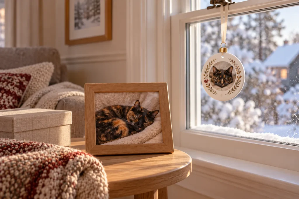 Memorial ornament with a tortoiseshell cat portrait hanging in a snowy January window beside a framed cat photo