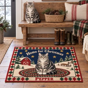 Folk Hooked Rug Christmas Cat Rug styled in a lifestyle scene – a farmhouse entry with wide-plank floors, a wooden bench with boots and a basket of pinecones, soft winter daylight