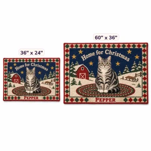 The Folk Hooked Rug Christmas Cat Rug in 36" x 24" and 60" x 36" sizes side by side