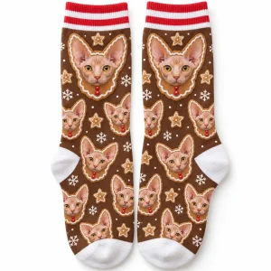 Gingerbread cat socks – Gingerbread Cat Face Socks with a ginger Sphynx and a repeating cat face pattern, product photo on a white background