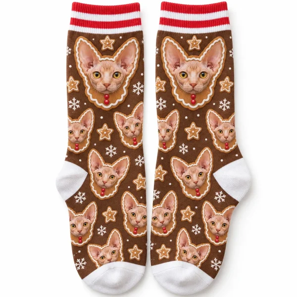 Gingerbread cat socks – Gingerbread Cat Face Socks with a ginger Sphynx and a repeating cat face pattern, product photo on a white background