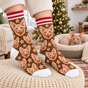 Gingerbread Cat Face Socks styled in a lifestyle scene – feet in the socks resting on a knit footstool near a decorated tree with warm string lights, a plate of gingerbread on a high side table