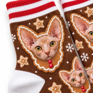Close-up of the Gingerbread Cat Face Socks print showing the cat's fur detail and the knit texture