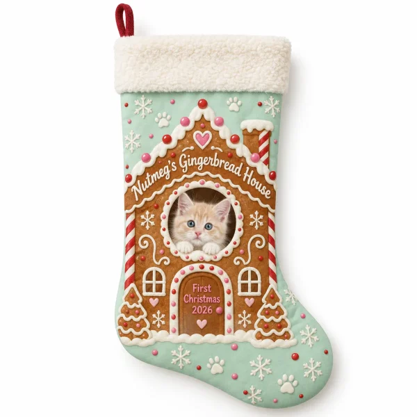 Cat christmas stocking – Gingerbread House Cat Stocking with a cream tabby kitten and the text "Nutmeg's Gingerbread House", "First Christmas 2026", product photo on a white background