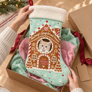Hands unwrapping the Gingerbread House Cat Stocking from a kraft gift box