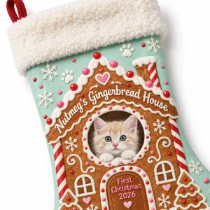 Close-up of the Gingerbread House Cat Stocking print showing the cat's fur detail and christmas stocking