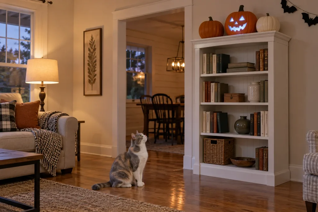 Calico cat looking up at a battery-lit jack-o'-lantern high on top of a bookcase