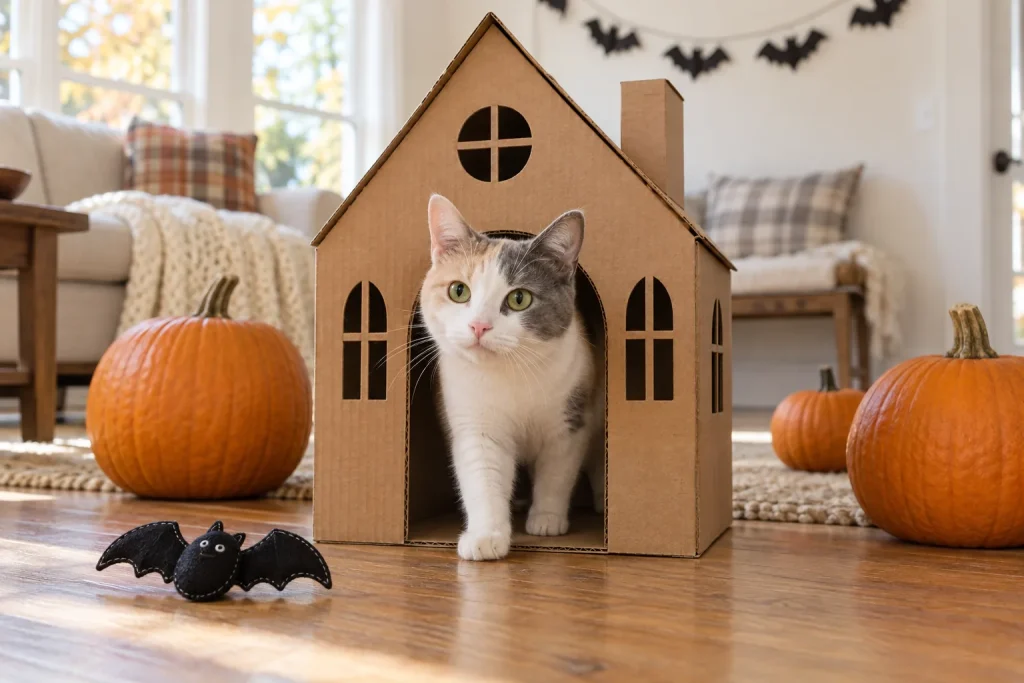Dilute calico cat stepping out of a cardboard haunted house beside a felt bat toy and pumpkins