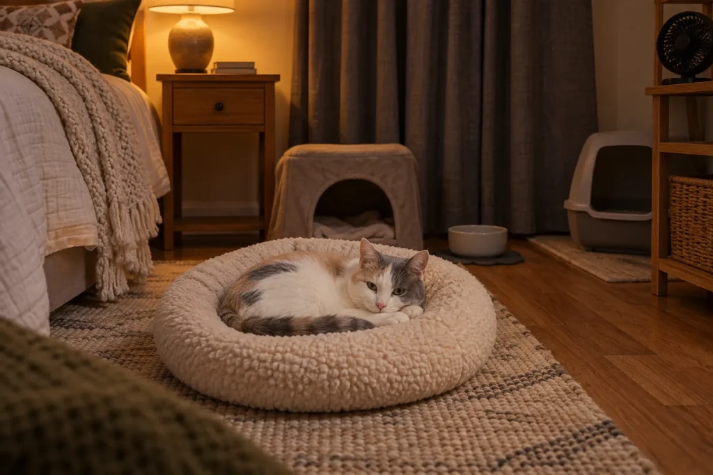 Calico cat curled in a soft bed in a quiet bedroom with water, litter box and hiding spot
