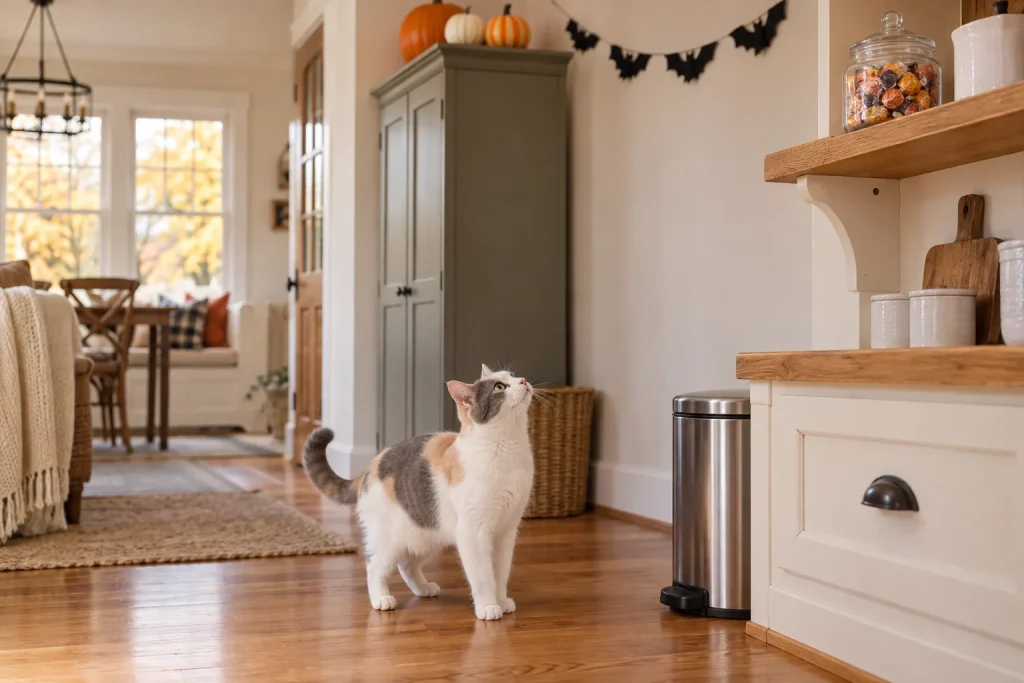 Dilute calico cat looking up at a lidded jar of Halloween candy on a high kitchen shelf