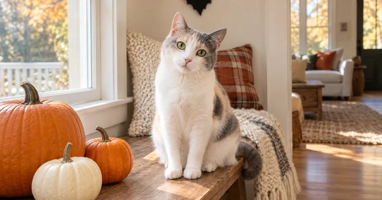 Dilute calico cat sitting on a sunny window bench beside orange and white Halloween pumpkins
