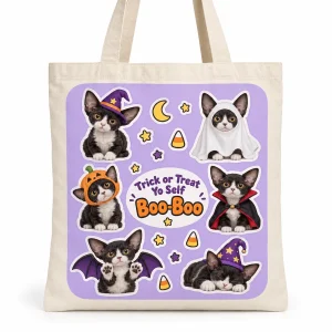 Halloween cat tote bag – Halloween Costume Sticker Sheet Cat Tote Bag with a black-and-white Devon Rex and the text "Trick or Treat Yo Self", "Boo-Boo", product photo on a white background