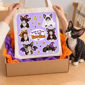 Hands unwrapping the Halloween Costume Sticker Sheet Cat Tote Bag from a kraft gift box