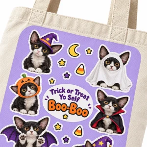 Close-up of the Halloween Costume Sticker Sheet Cat Tote Bag print showing the cat's fur detail and canvas tote bag