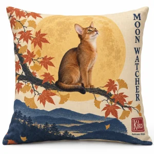 Fall cat pillow – Harvest Moon Woodblock Cat Pillow with a ruddy Abyssinian and the text "Moon Watcher", "Kiko", "Autumn 2026", product photo on a white background