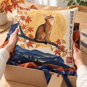 Hands unwrapping the Harvest Moon Woodblock Cat Pillow from a kraft gift box