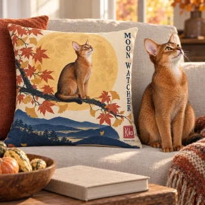 Harvest Moon Woodblock Cat Pillow styled in a lifestyle scene – the pillow on a low linen sofa beside a bowl of decorative gourds and a wool throw, golden autumn light