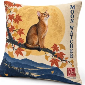 Close-up of the Harvest Moon Woodblock Cat Pillow print showing the cat's fur detail and the flannel texture