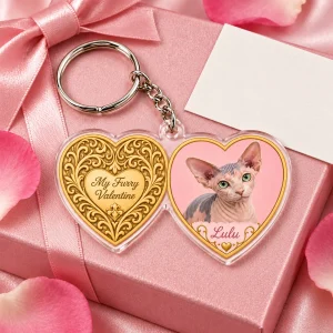 Heart Locket Cat Valentine Keychain styled in a lifestyle scene – the keychain lies on a pink satin gift box beside a handwritten valentine card and a few rose petals, soft diffused light