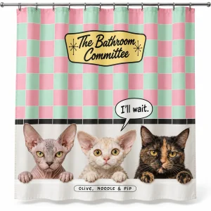 Custom cat shower curtain – I'll Wait Peeking Cats Shower Curtain with a pinkish-gray Sphynx and the text "The Bathroom Committee", "I'll wait.", "Olive, Noodle & Pip", product photo on a white background