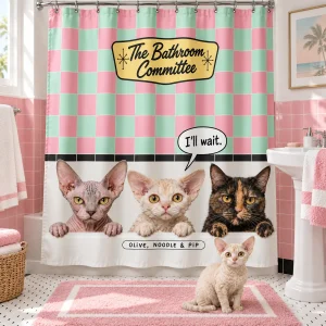 I'll Wait Peeking Cats Shower Curtain styled in a lifestyle scene – a bright retro bathroom with pink tile, a white pedestal sink and fluffy towels, soft daylight