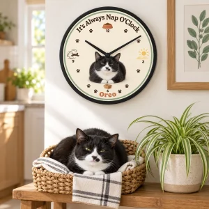 It's Always Nap O'Clock Cat Wall Clock styled in a lifestyle scene – a sunny kitchen wall above a small wooden bench with a basket of folded tea towels and a potted spider plant