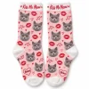 Kiss Me Meow Valentine Cat Socks with a gray Scottish Straight and the text "Kiss Me Meow", "Bean", product photo on a white background