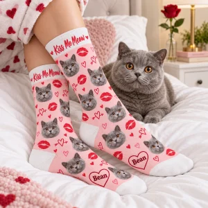 Kiss Me Meow Valentine Cat Socks styled in a lifestyle scene – a Valentine's morning in bed