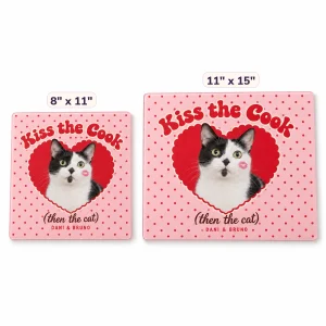 The Kiss the Cook Then the Cat Valentine Cutting Board in 8" x 11" and 11" x 15" sizes side by side