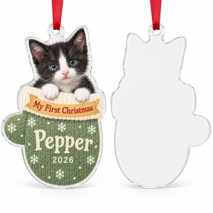 Front and back of the Kitten First Christmas Mitten Ornament